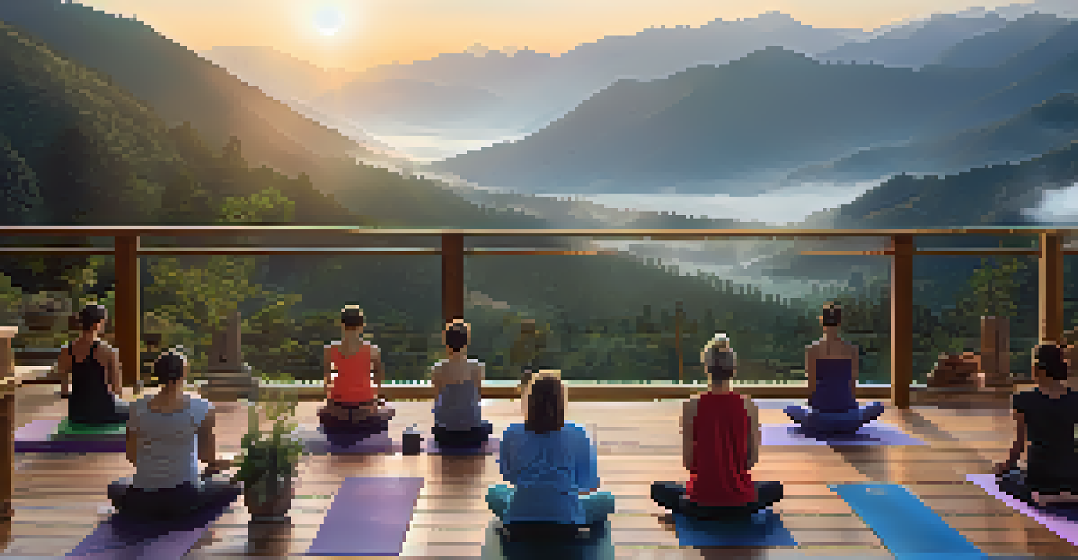 Participants practicing yoga on a wooden deck at a mountain retreat during sunrise, with misty valleys below.