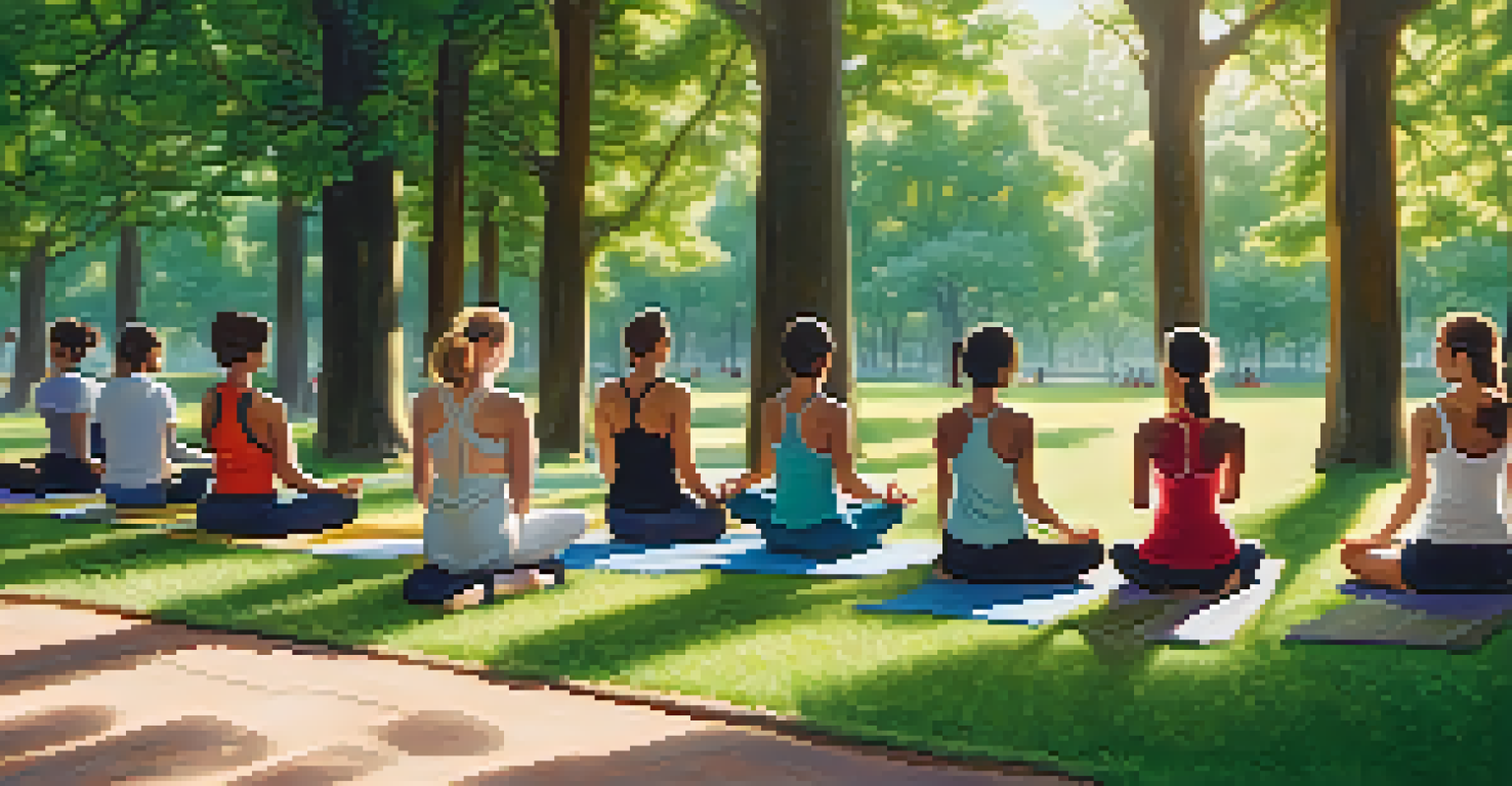 A group of individuals from different backgrounds meditating in a circle in a park, surrounded by trees and greenery. Sunlight filters through the leaves, creating a tranquil setting.