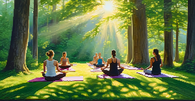 A diverse group of individuals practicing yoga in a sunlit forest surrounded by green trees and flowers.