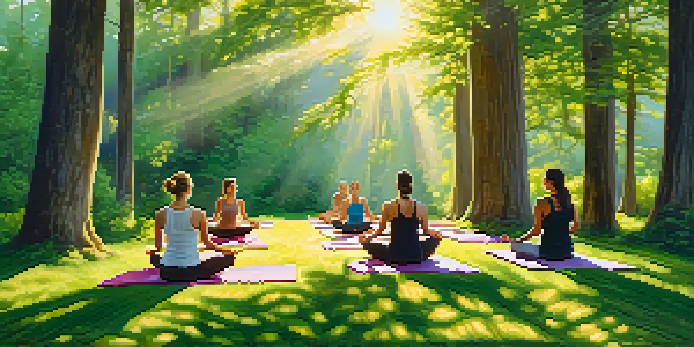 A diverse group of individuals practicing yoga in a sunlit forest surrounded by green trees and flowers.