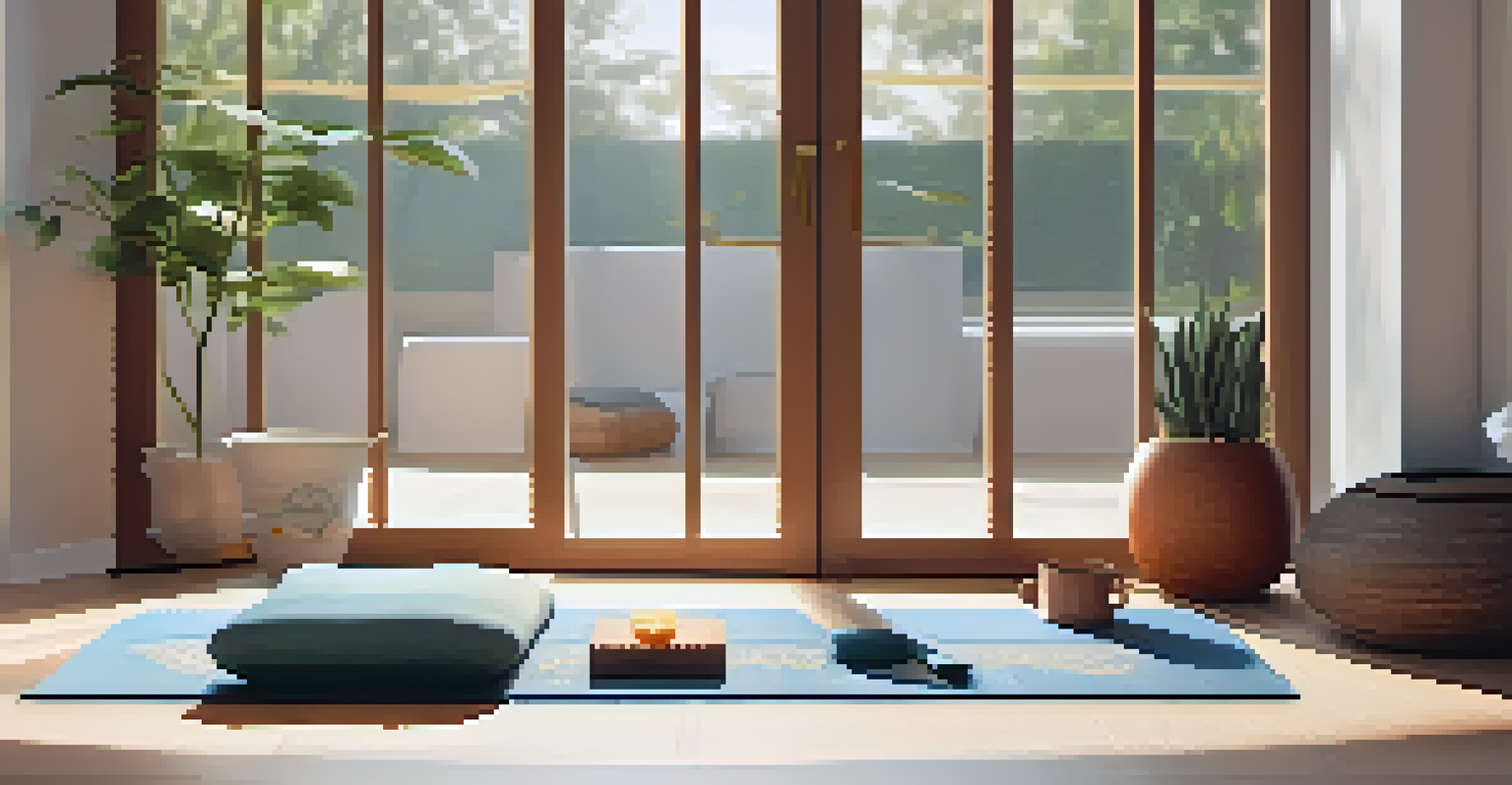 A cozy home yoga space with a mat and props, illuminated by soft sunlight, and a cup of herbal tea nearby, creating a tranquil atmosphere.
