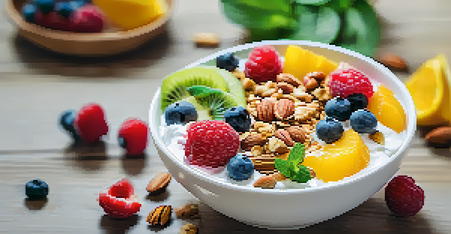 A colorful breakfast bowl with yogurt, fruits, and infused water, emphasizing gut health.