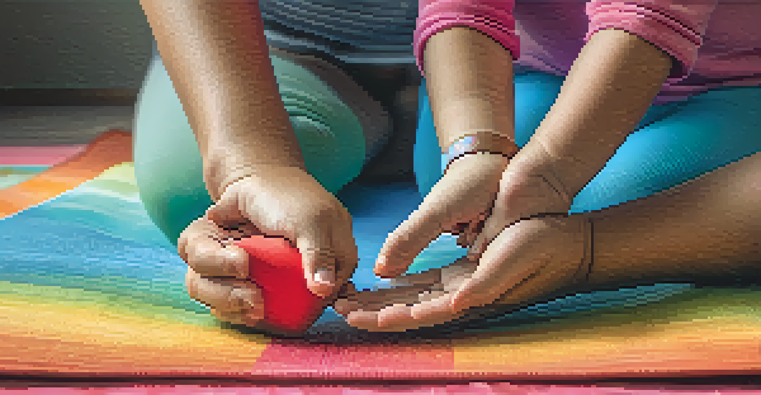 Close-up of a child's hands and a parent's hands forming a heart shape on a colorful yoga mat, symbolizing love and connection during family yoga.
