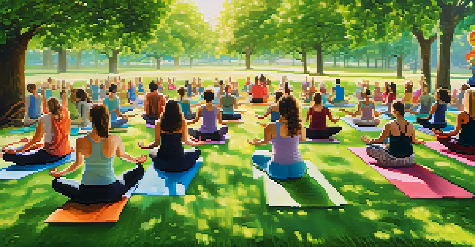 A lively outdoor yoga class with diverse participants practicing together in a beautiful park.