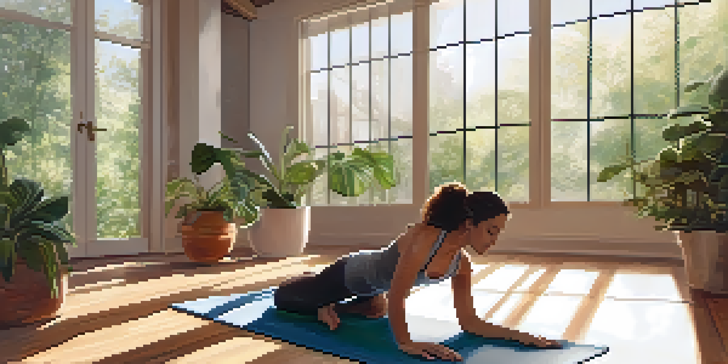 A person practicing yoga in a bright indoor studio, demonstrating the downward dog pose with plants and natural light around them.
