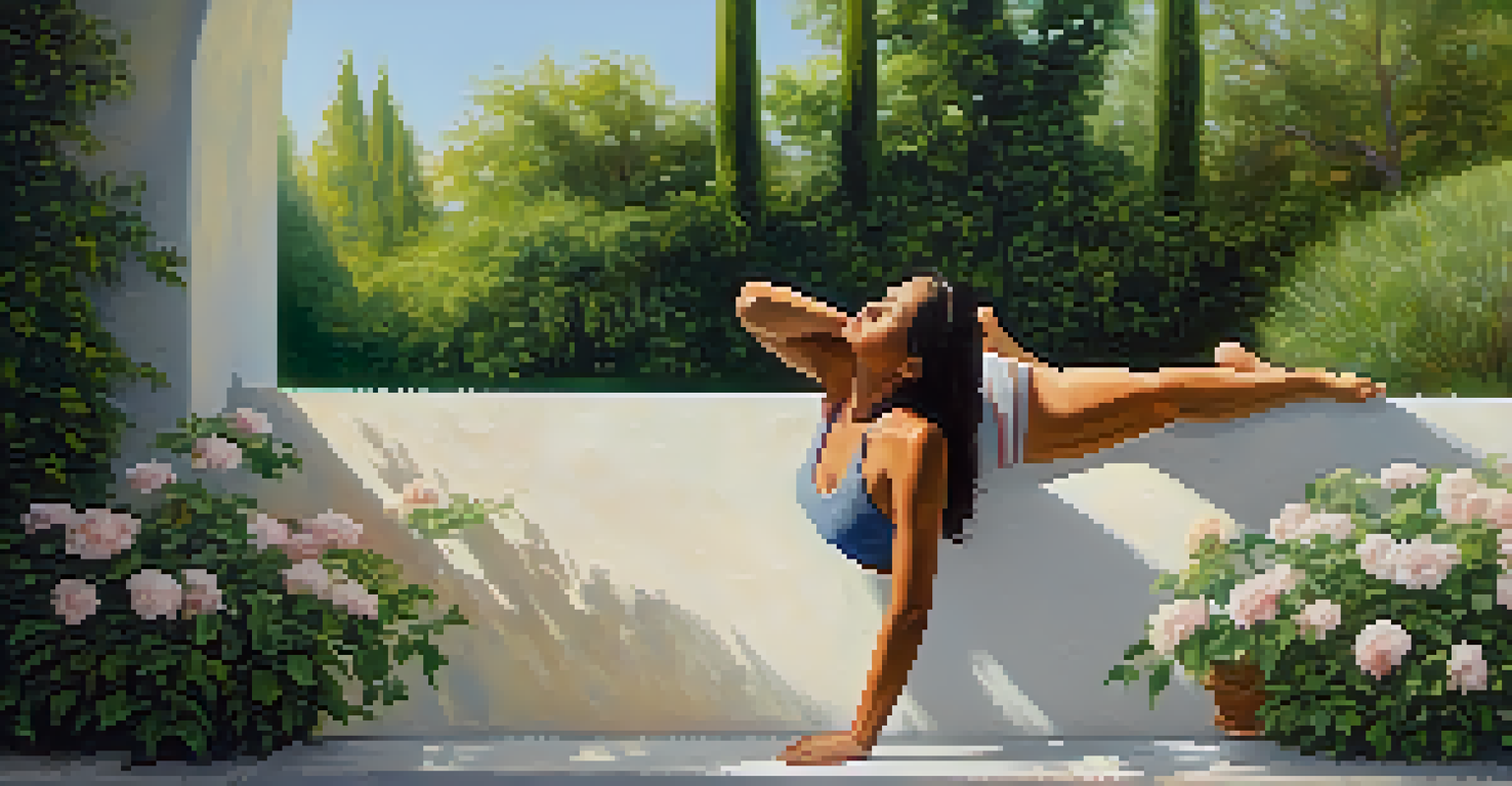 A person practicing Legs-Up-the-Wall Pose in a serene garden filled with greenery and flowers.