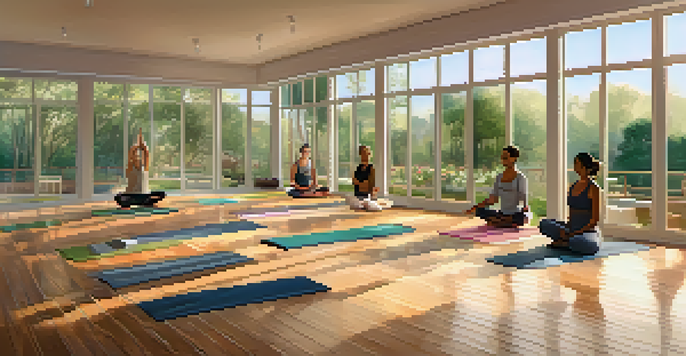 A calm yoga studio with a wooden floor and large windows, showing individuals practicing yoga poses in soft natural light.
