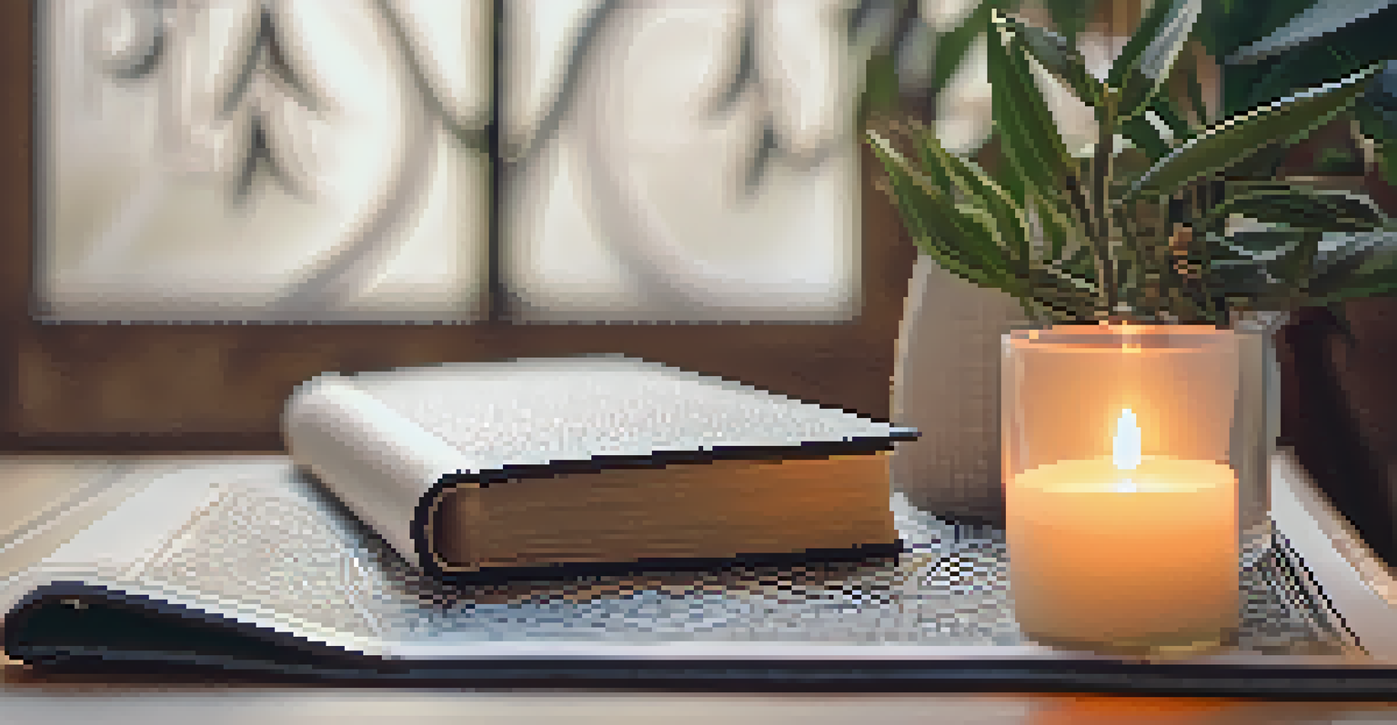 A close-up of a yoga mat with a journal and pen, surrounded by candles and a plant.