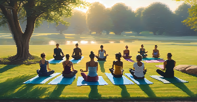 A diverse group of athletes practicing Hatha yoga outdoors at sunrise, surrounded by nature and a soft stream.