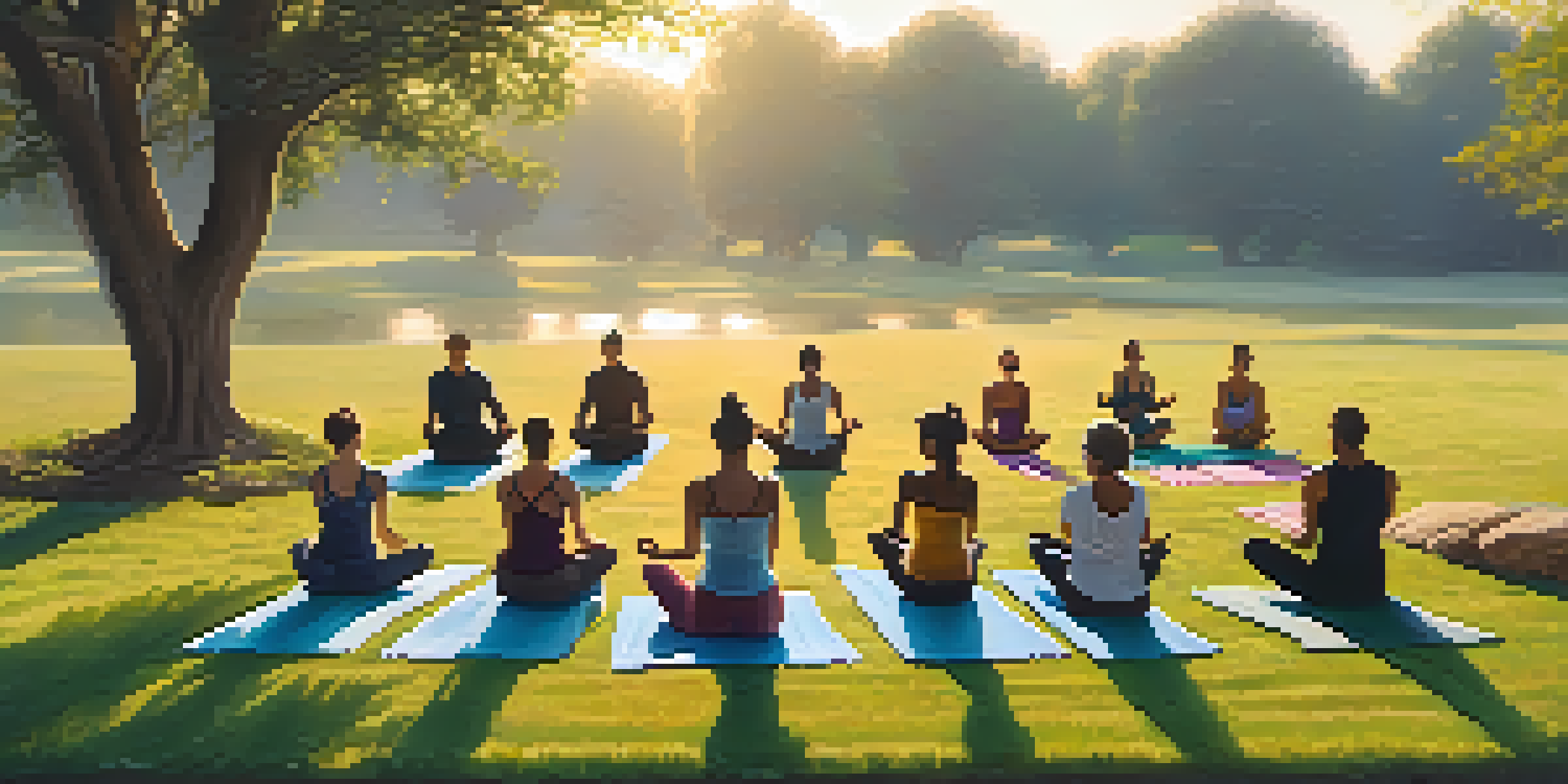 A diverse group of athletes practicing Hatha yoga outdoors at sunrise, surrounded by nature and a soft stream.