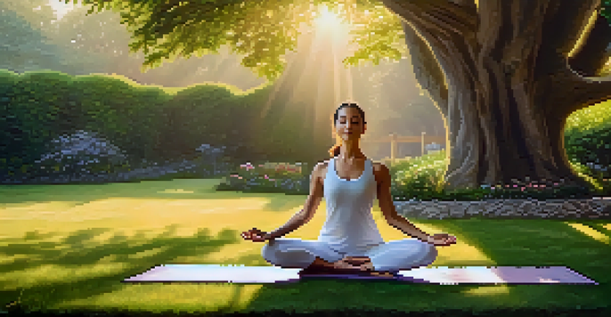 A person practicing yoga in a garden at sunrise, performing a tree pose surrounded by flowers and greenery.