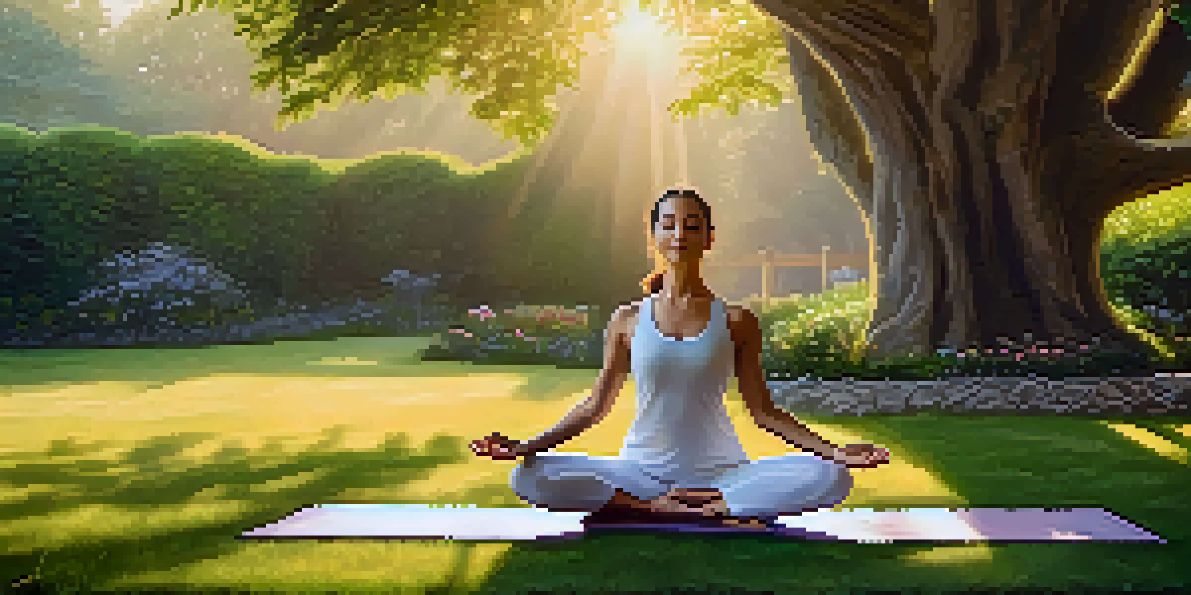 A person practicing yoga in a garden at sunrise, performing a tree pose surrounded by flowers and greenery.
