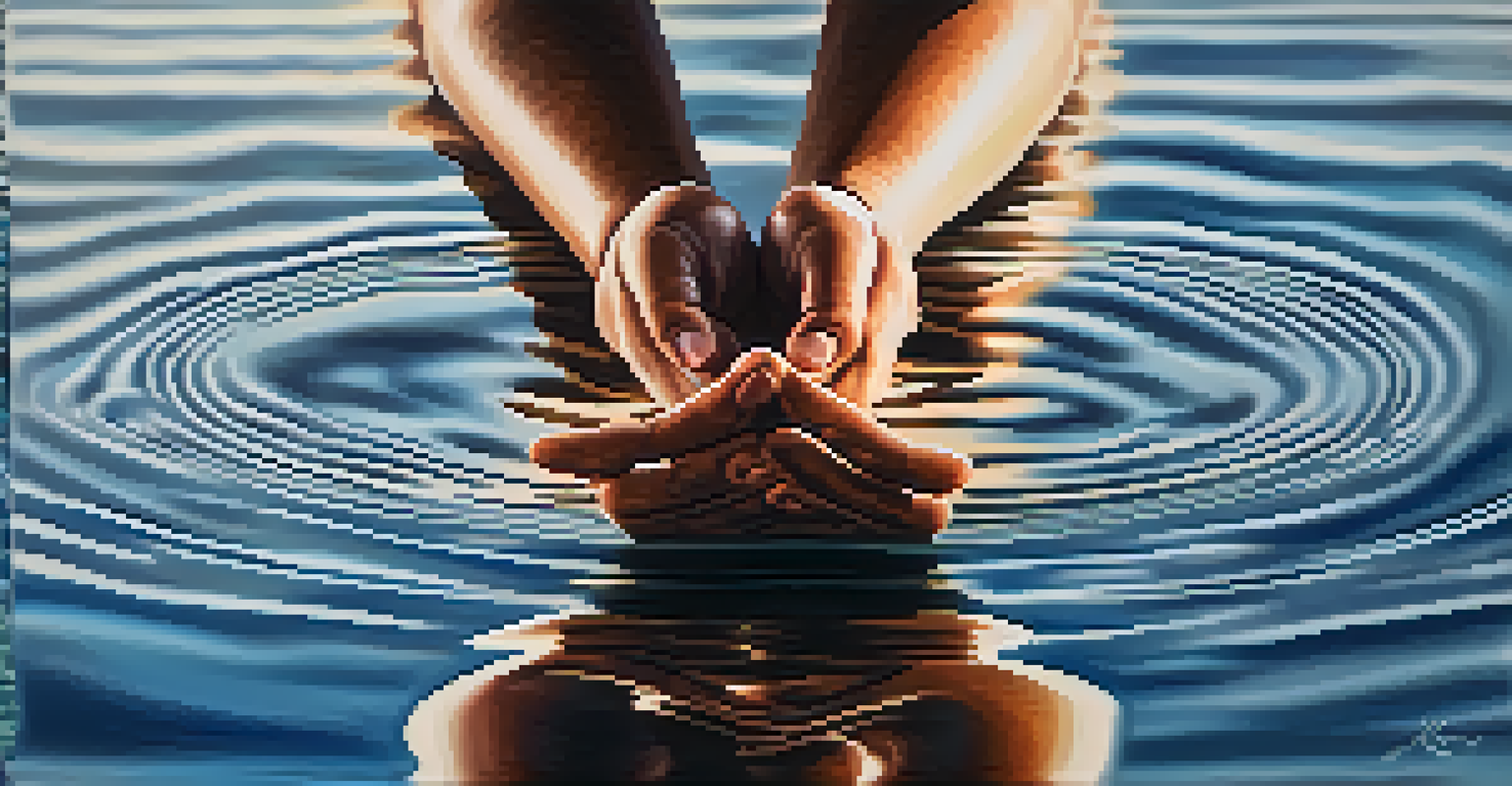 Close-up of hands in a yoga mudra resting on a knee, with a soft-focus background of calm water.