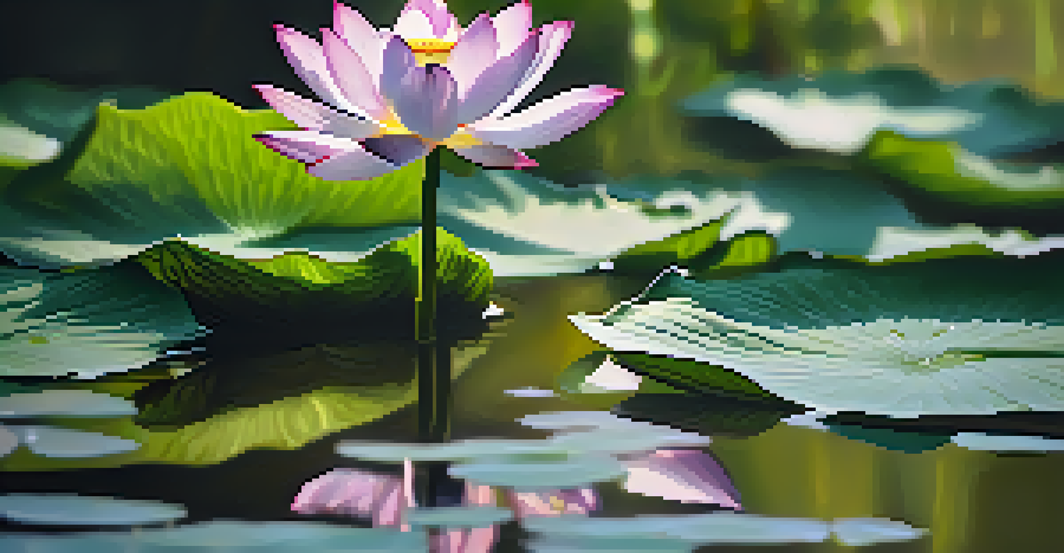 A vibrant lotus flower blooming on a calm pond, surrounded by greenery, symbolizing purity and enlightenment in a tranquil setting.