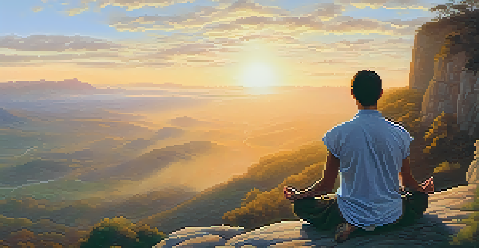 A person meditating at sunrise on a cliff, overlooking a misty valley, embodying calm and mindfulness.