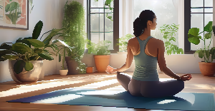 A woman practicing the Cat-Cow yoga pose in a bright, peaceful studio filled with plants and soft morning light.