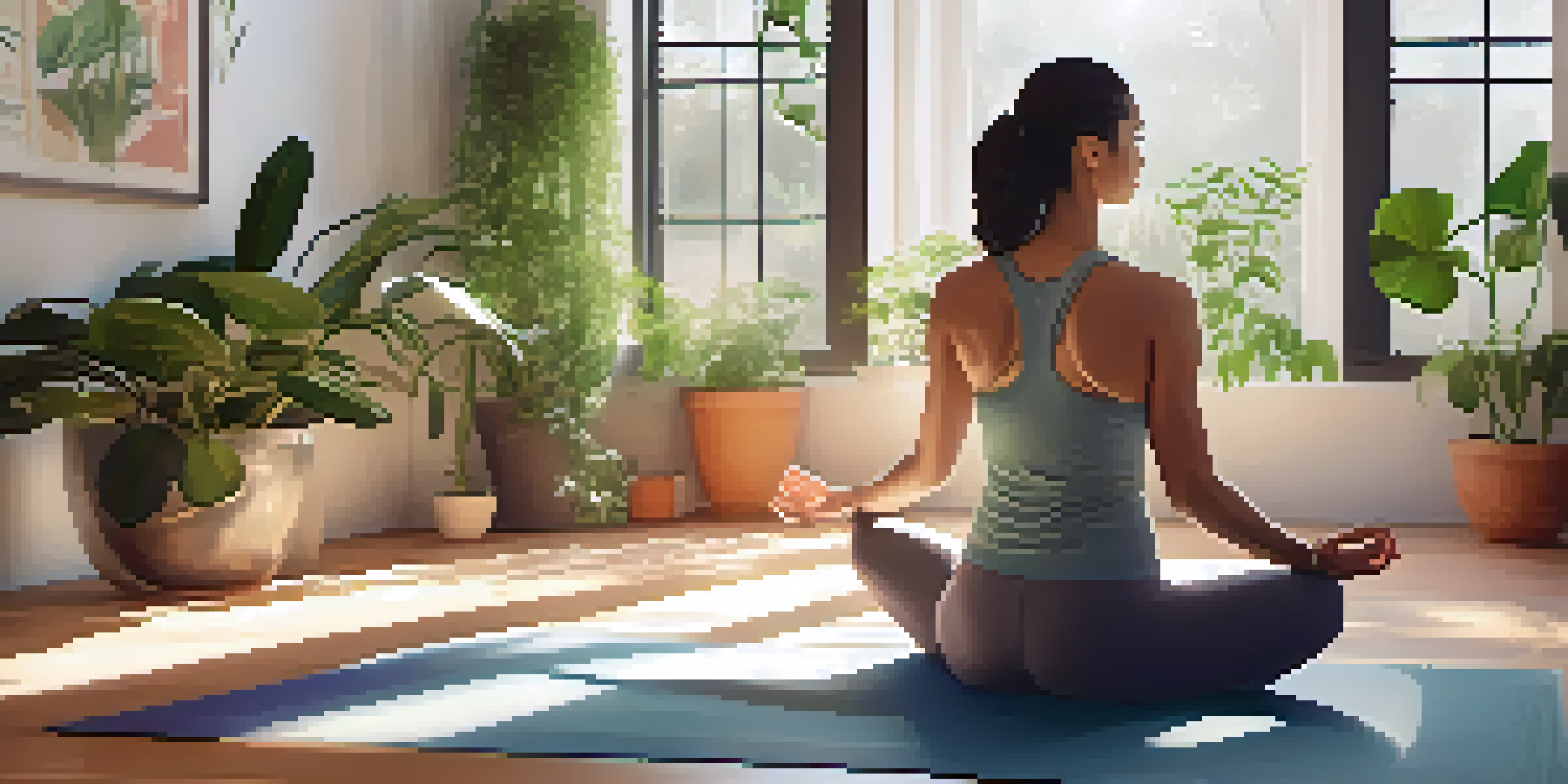 A woman practicing the Cat-Cow yoga pose in a bright, peaceful studio filled with plants and soft morning light.