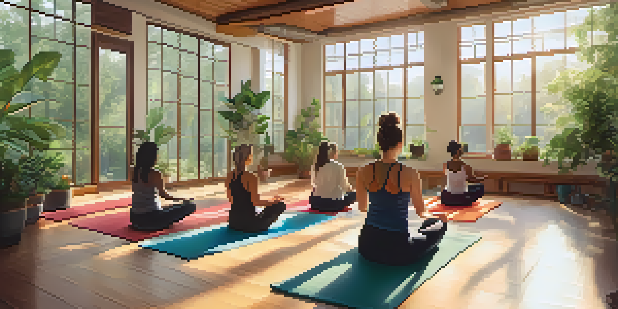 A serene yoga studio with diverse individuals practicing yoga together on colorful mats, surrounded by natural light and greenery.