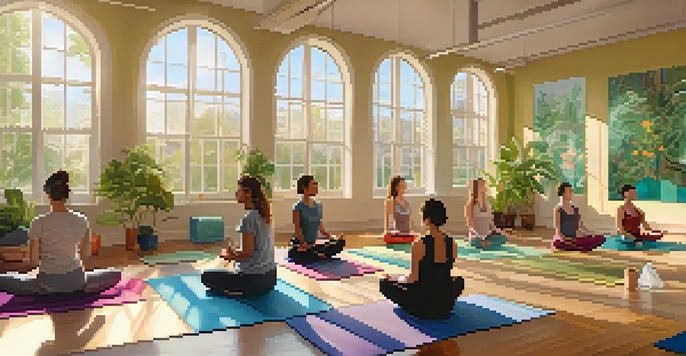 A peaceful yoga studio with sunlight, people practicing yoga, and plants in the corners.