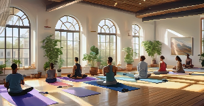 A diverse group of individuals practicing yoga in a bright studio with wooden floors and plants, showcasing tranquility and focus.