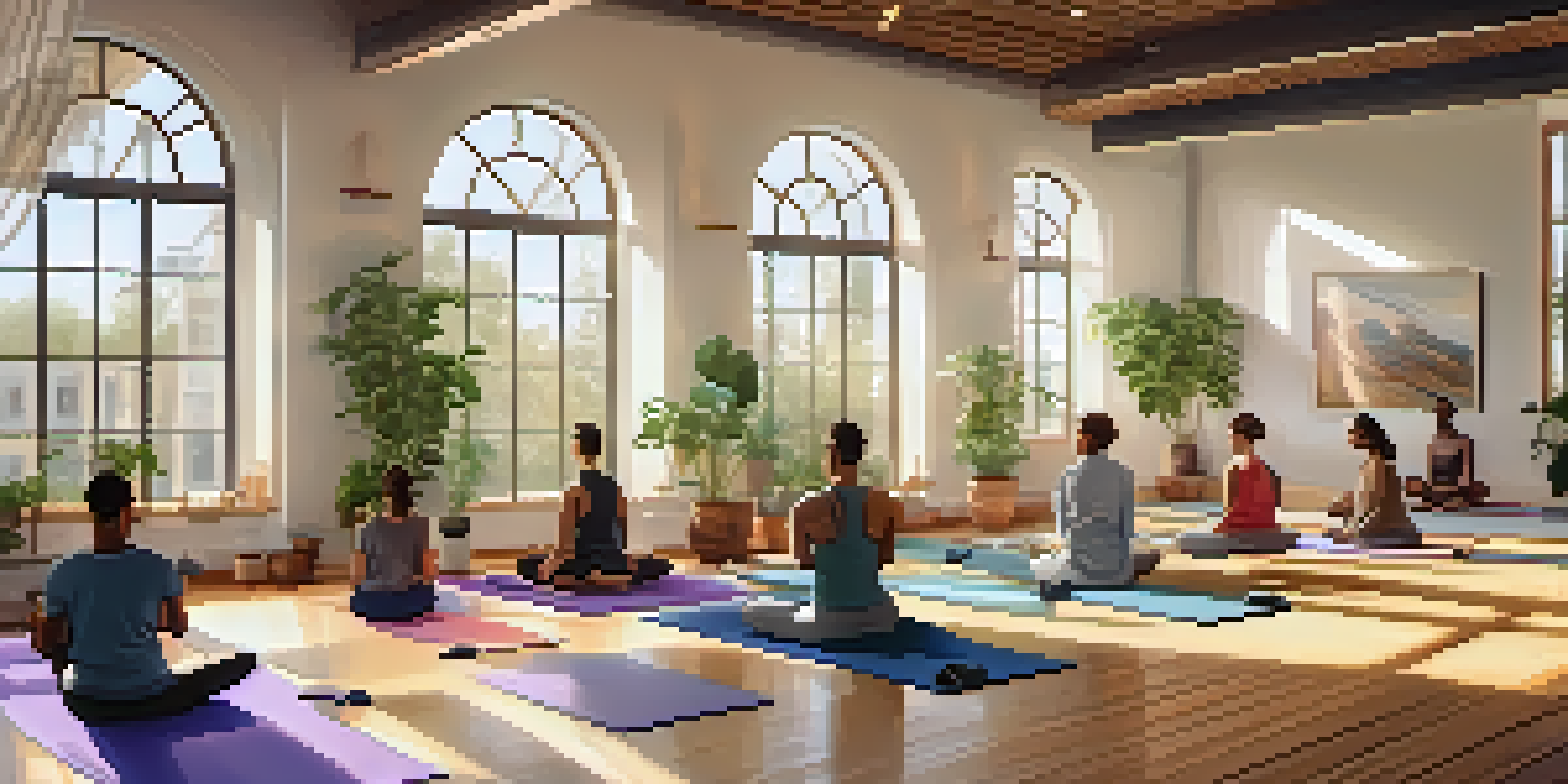 A diverse group of individuals practicing yoga in a bright studio with wooden floors and plants, showcasing tranquility and focus.