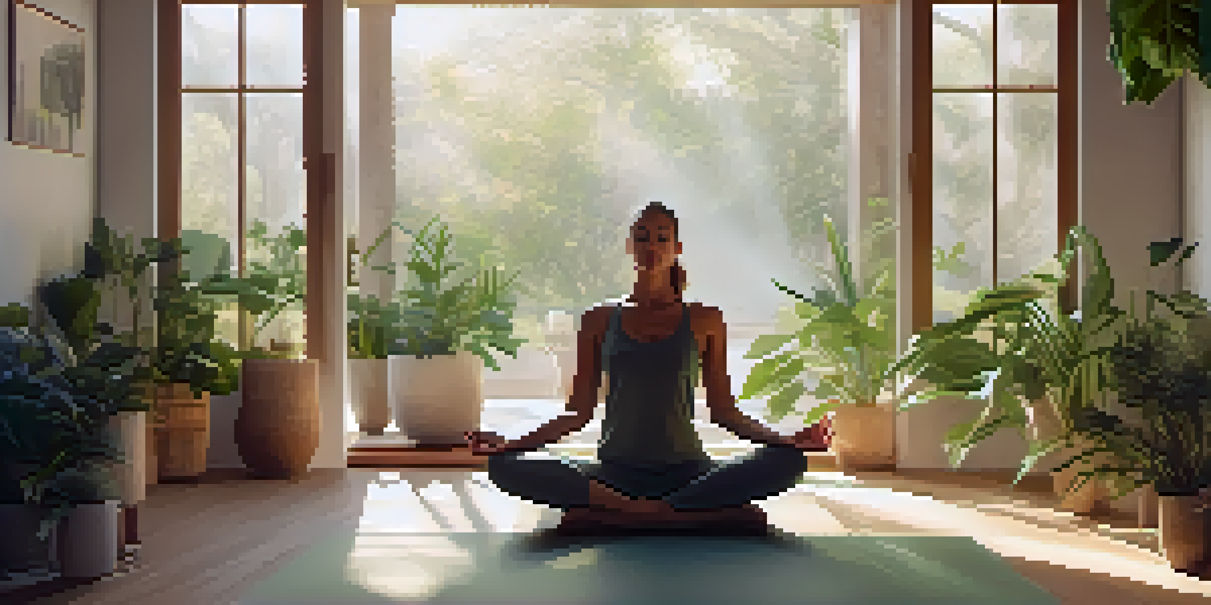 A person seated cross-legged on a yoga mat in a bright, serene yoga studio, practicing diaphragmatic breathing with eyes closed and surrounded by plants.