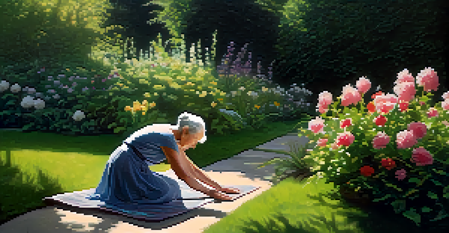 An elderly woman practicing yoga in a garden, surrounded by flowers and greenery, embodying tranquility and mindfulness in 'Child's Pose'.