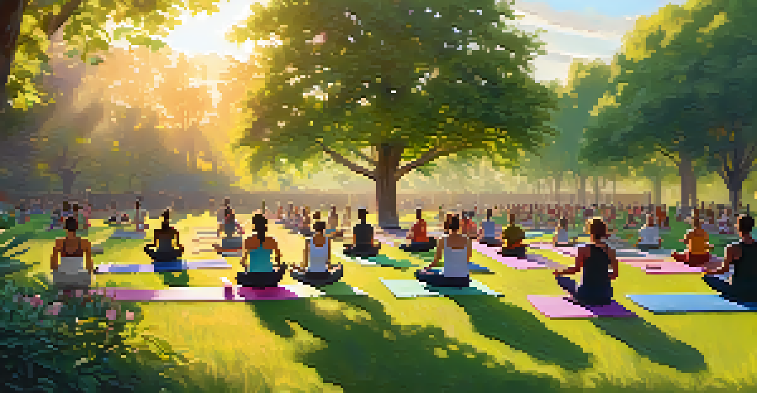 A group of people practicing yoga outdoors in a green park at sunset.