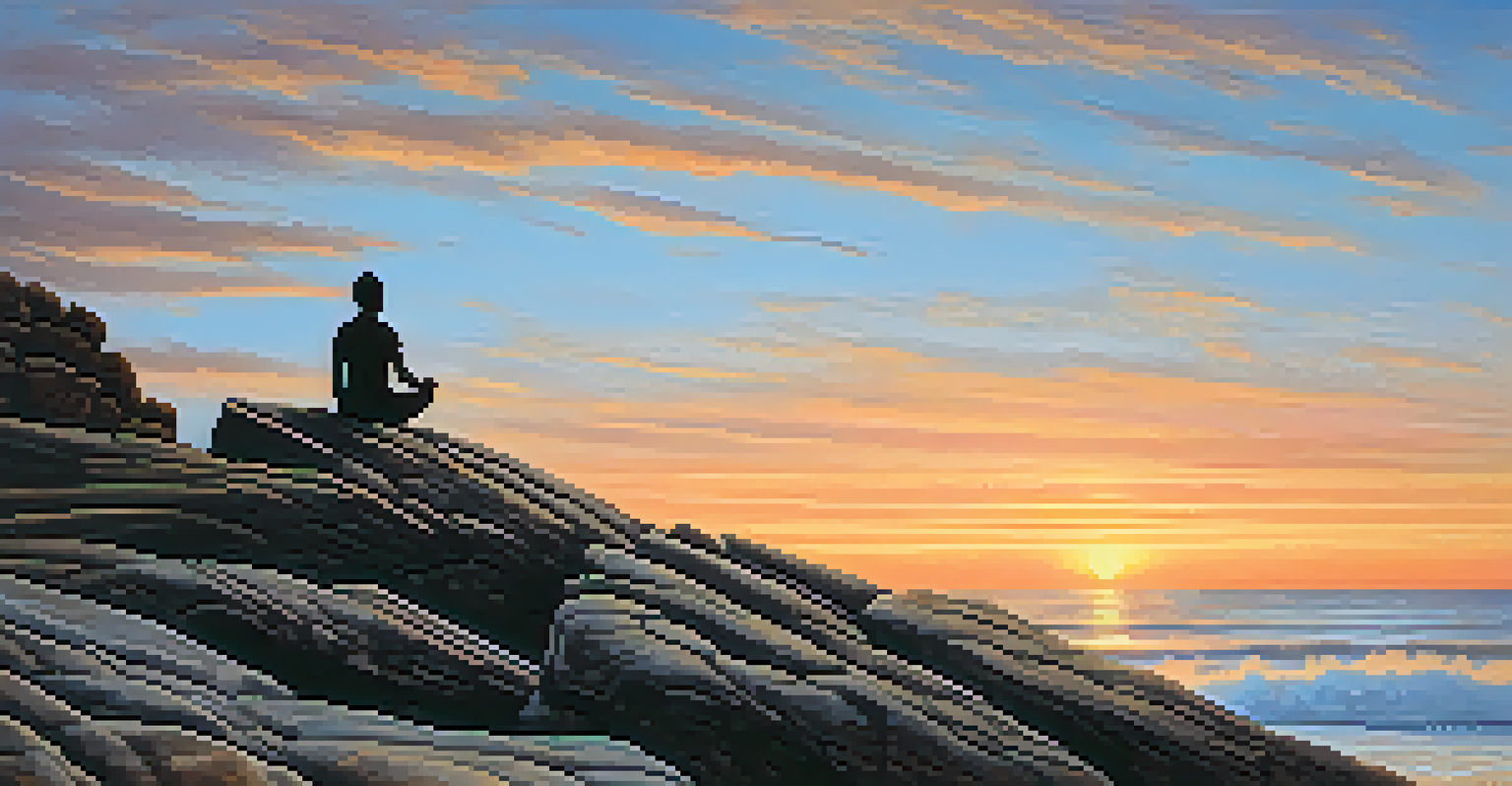 A lone yogi practicing yoga on a cliff at sunrise with an ocean view and a colorful sky.