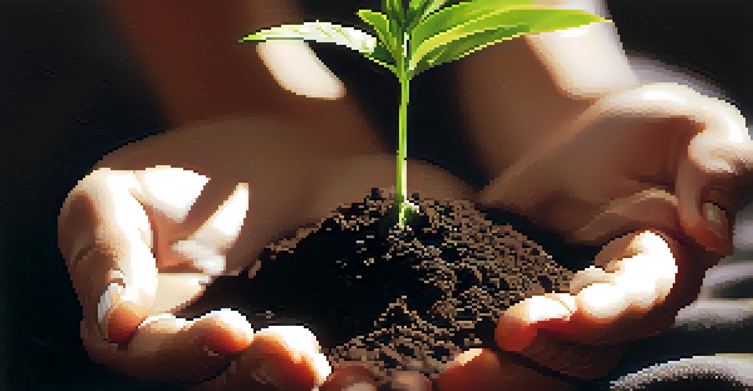 A close-up of a hand holding a small plant sprouting from soil, with blurred yoga and meditation scenes in the background.