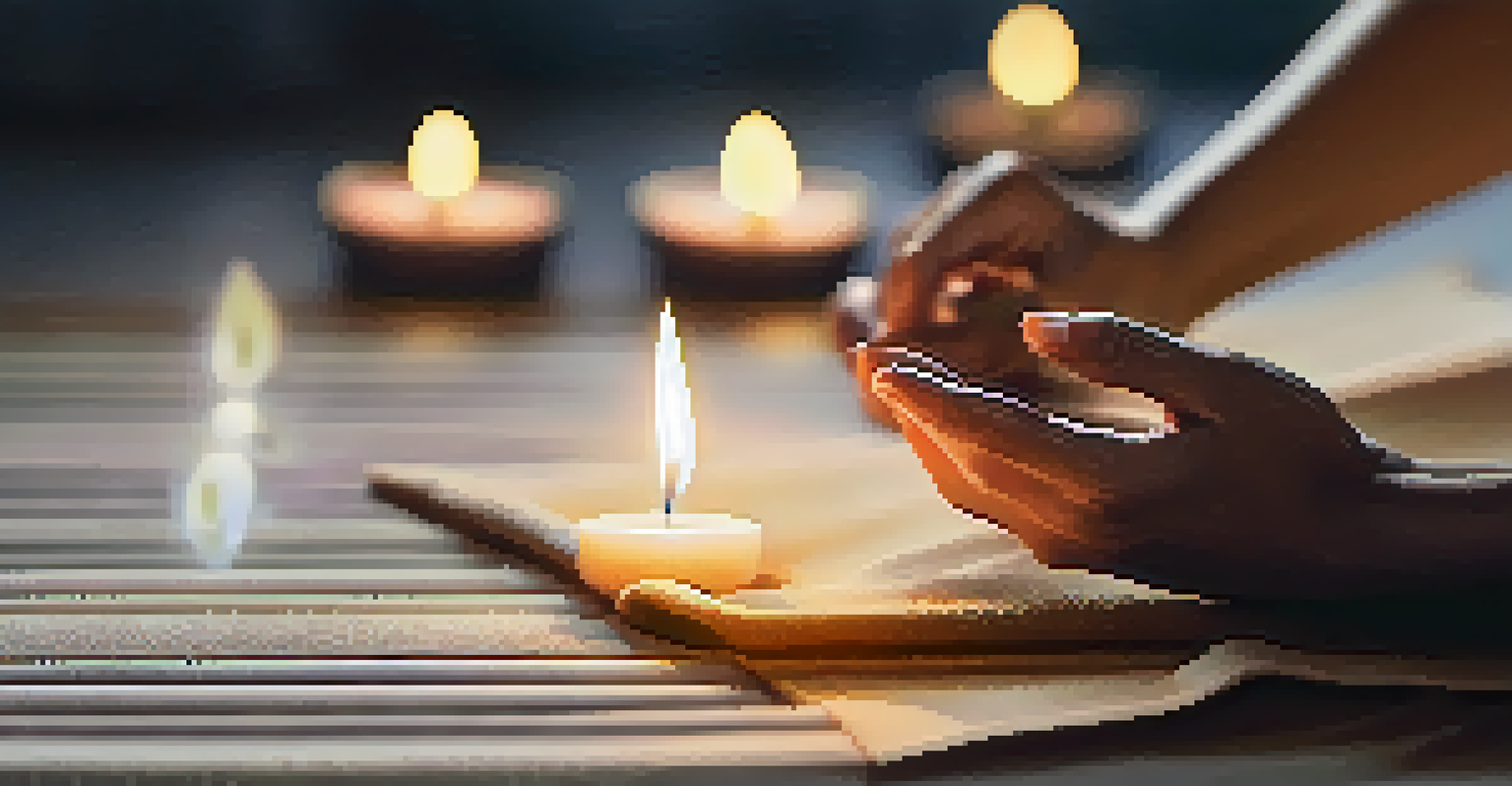 A close-up of hands in a meditative gesture on a yoga mat, surrounded by candles in a peaceful setting.