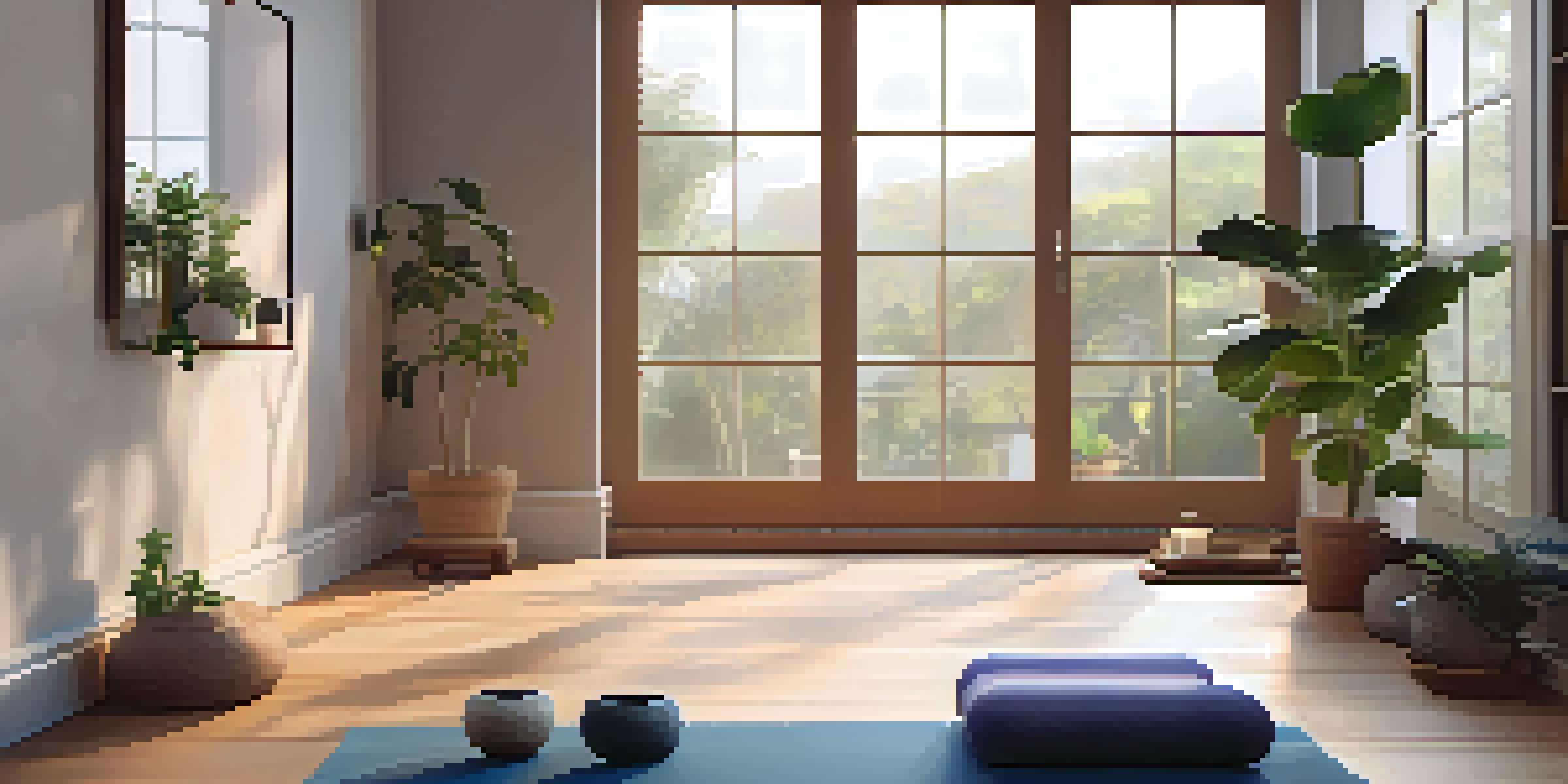 A peaceful yoga space in a living room with a soft mat, plants, and warm sunlight.