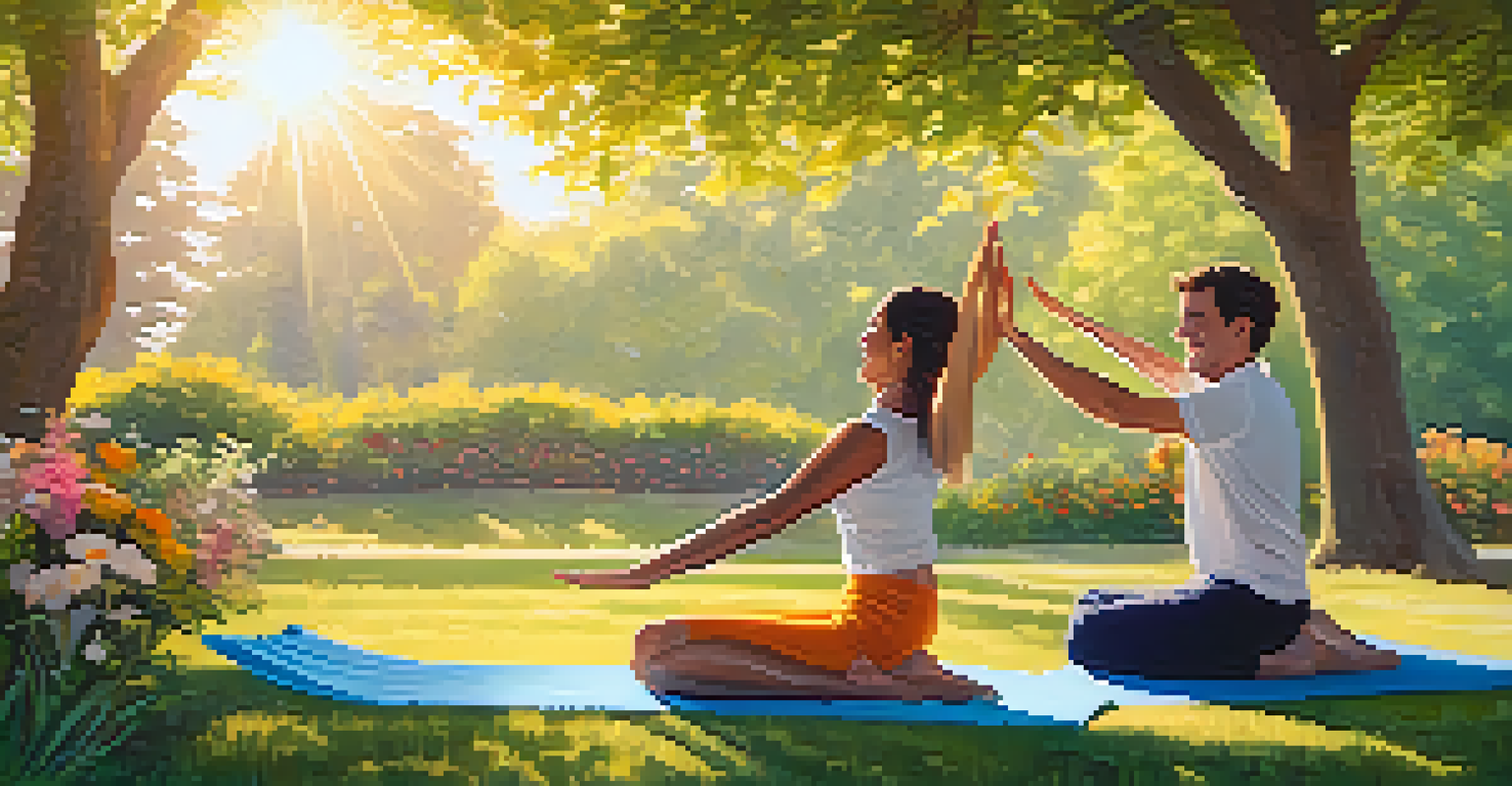 Two individuals practicing the partner boat pose outdoors in a park, sharing laughter and enjoying their yoga session together.