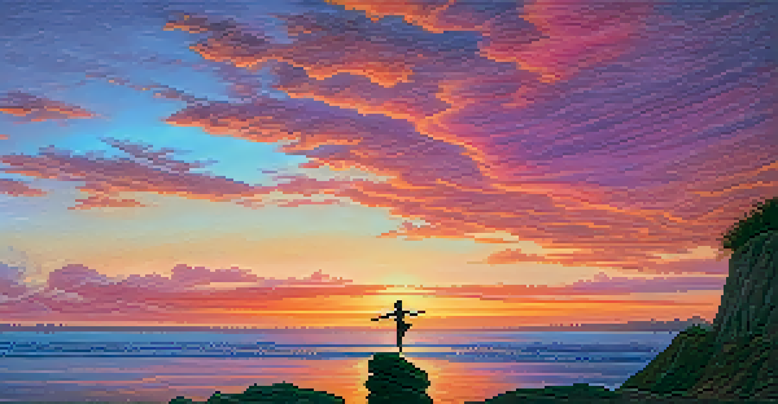An individual practicing yoga on a cliff at sunset, with a vibrant sky and ocean view.