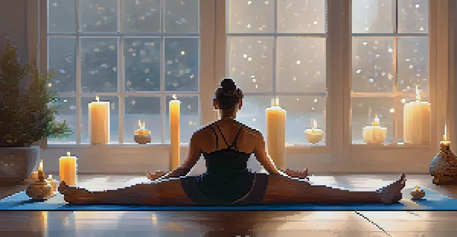 A person in Child's Pose on a yoga mat in a softly lit room with candles and calming decor.