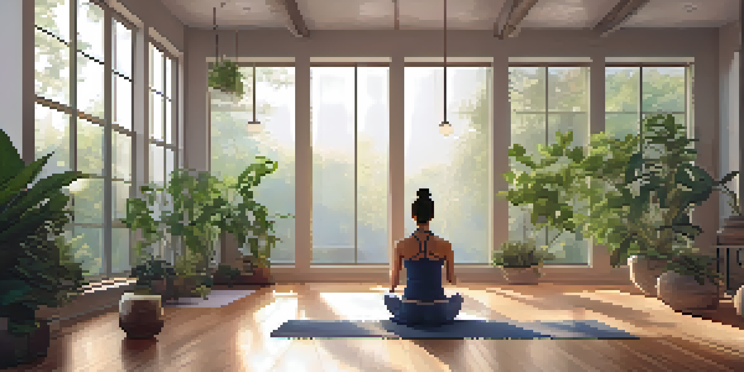 A peaceful yoga studio with a person meditating, surrounded by greenery and natural light.