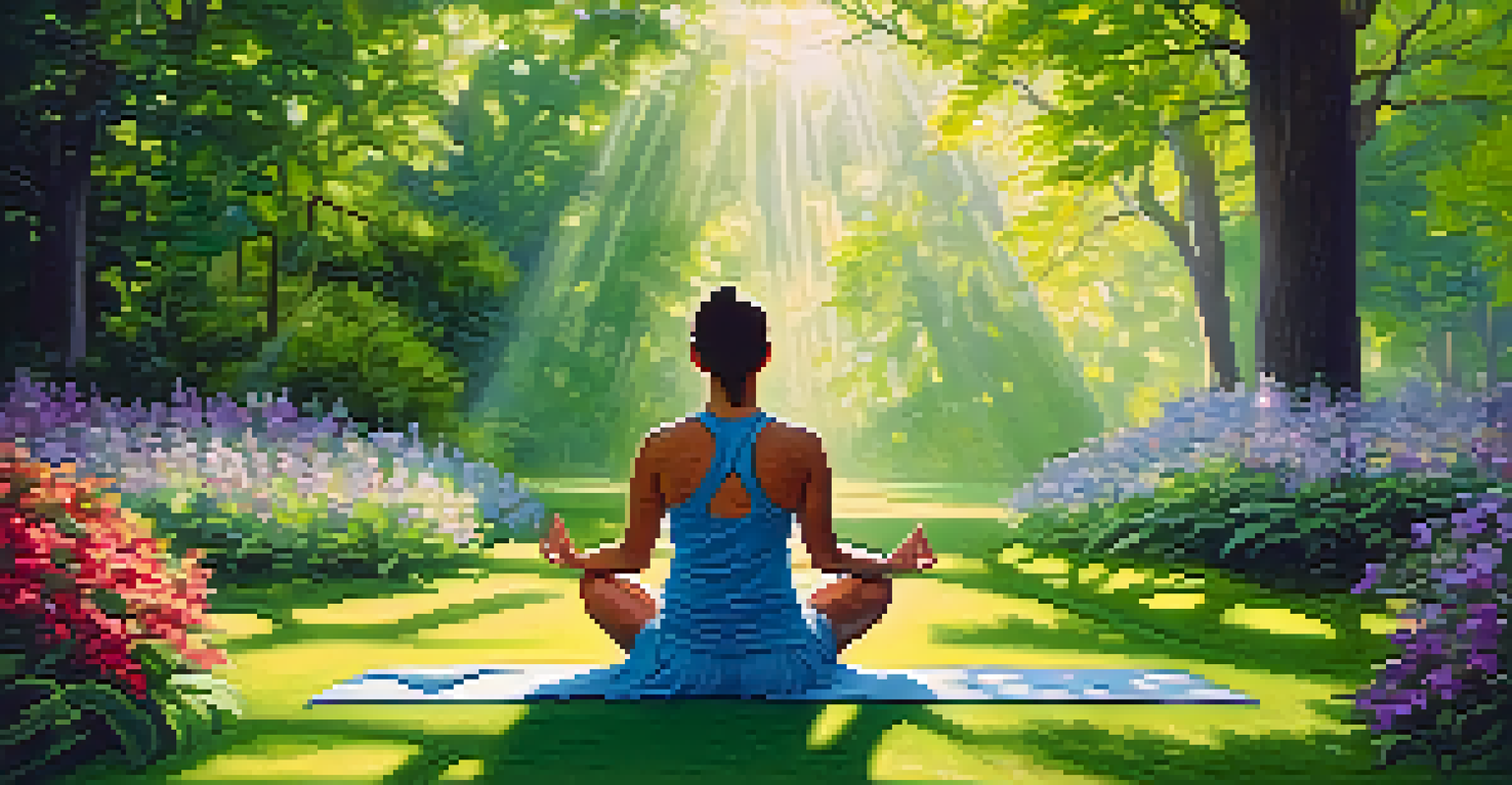 A person practicing yoga in a green park, surrounded by trees and flowers, with sunlight filtering through the leaves.