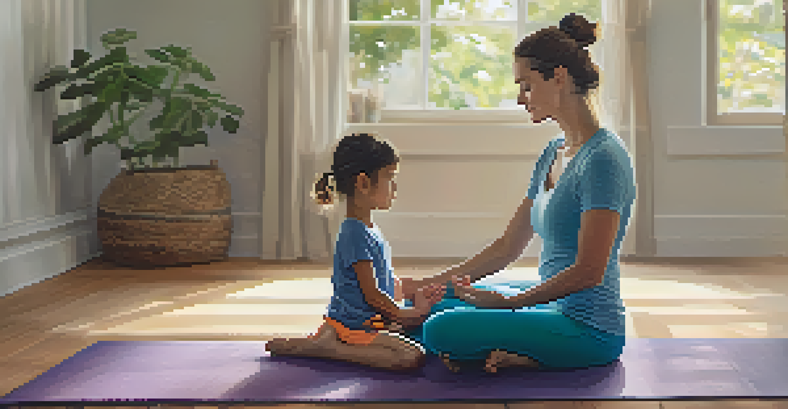 A parent and child practicing mindfulness together on a yoga mat at home, emphasizing a warm connection.