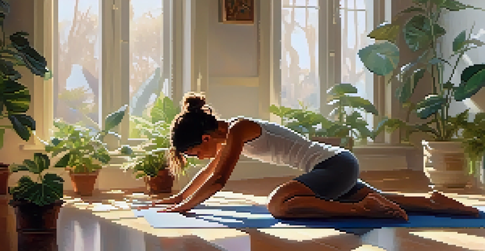 A teenage girl practicing Child’s Pose in a sunlit room, surrounded by soft mats and plants, exuding calmness and focus.