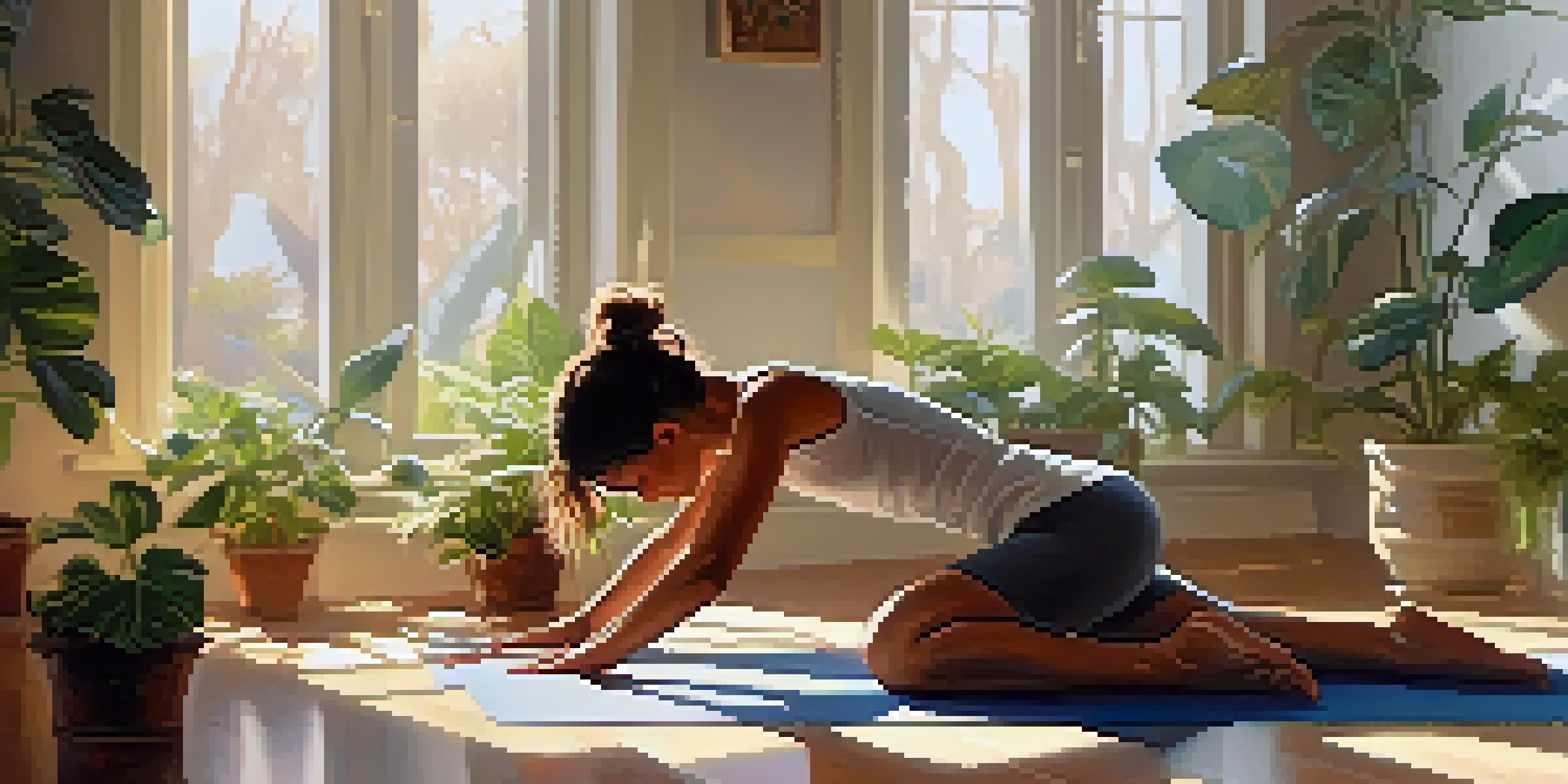 A teenage girl practicing Child’s Pose in a sunlit room, surrounded by soft mats and plants, exuding calmness and focus.