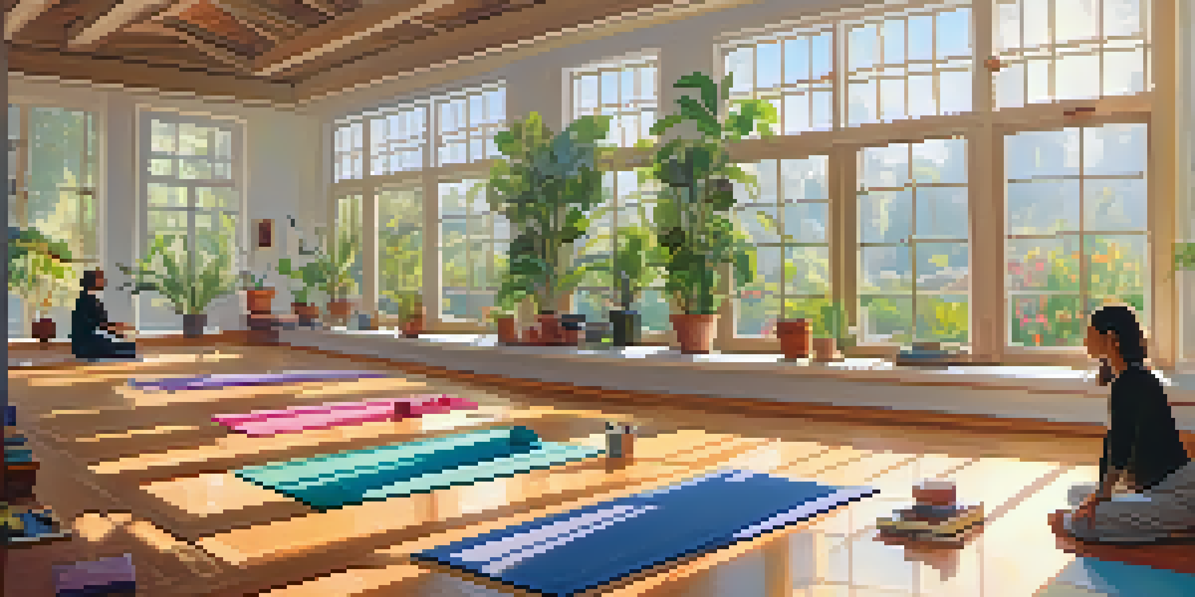 A group of diverse artists practicing yoga in a bright studio, with a garden view and art supplies around them.