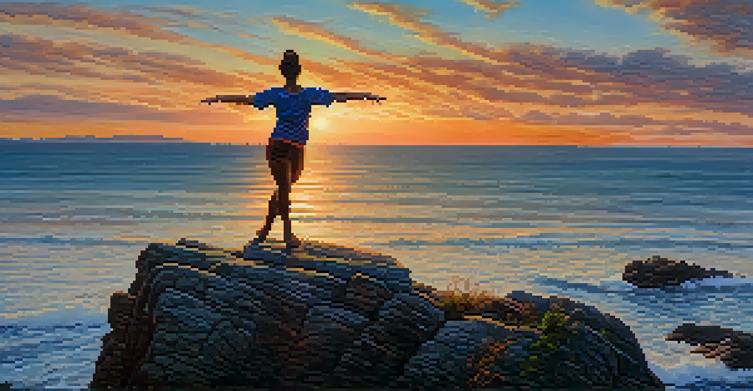 A person in warrior III pose on a cliff at sunset, surrounded by vibrant colors and a tranquil ocean view.
