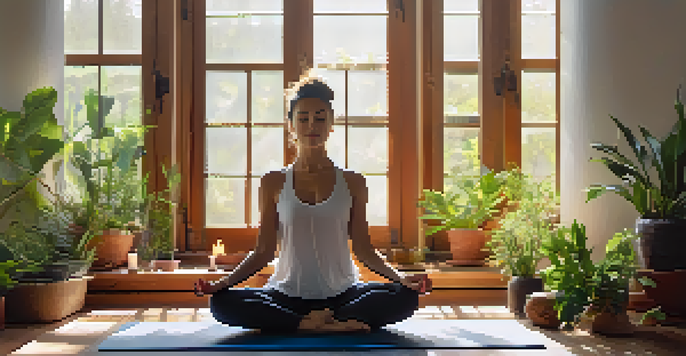 A peaceful yoga space with a person meditating on a mat, surrounded by candles and plants, with sunlight streaming in.
