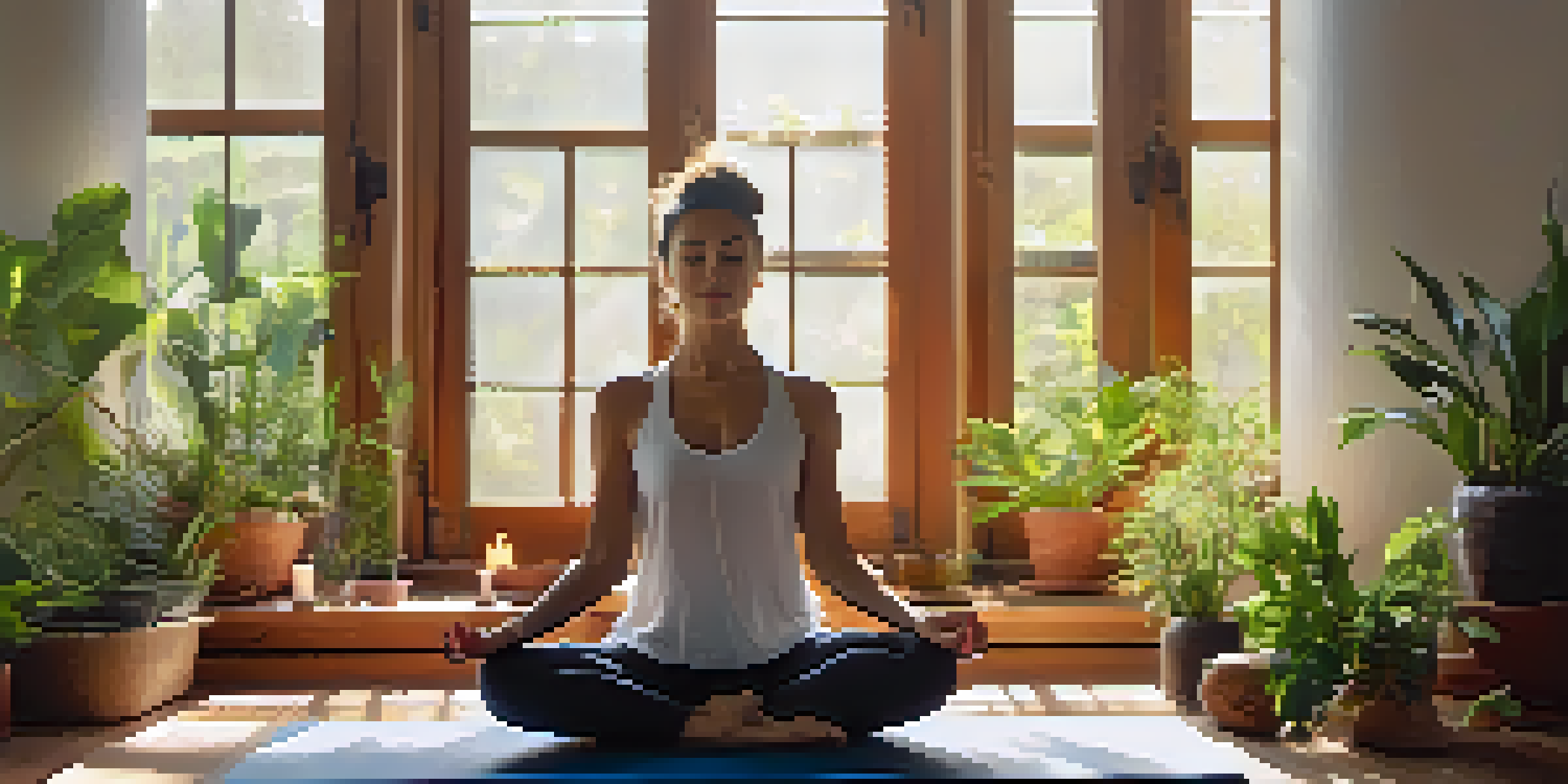 A peaceful yoga space with a person meditating on a mat, surrounded by candles and plants, with sunlight streaming in.