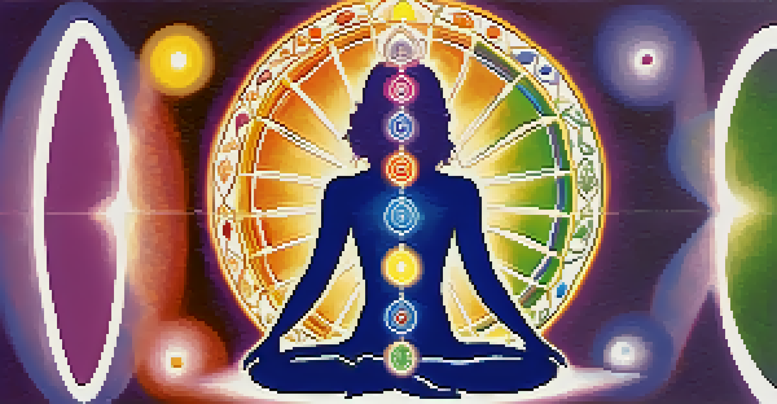 A silhouette of a person with seven colorful chakras aligned, set against a gradient background.