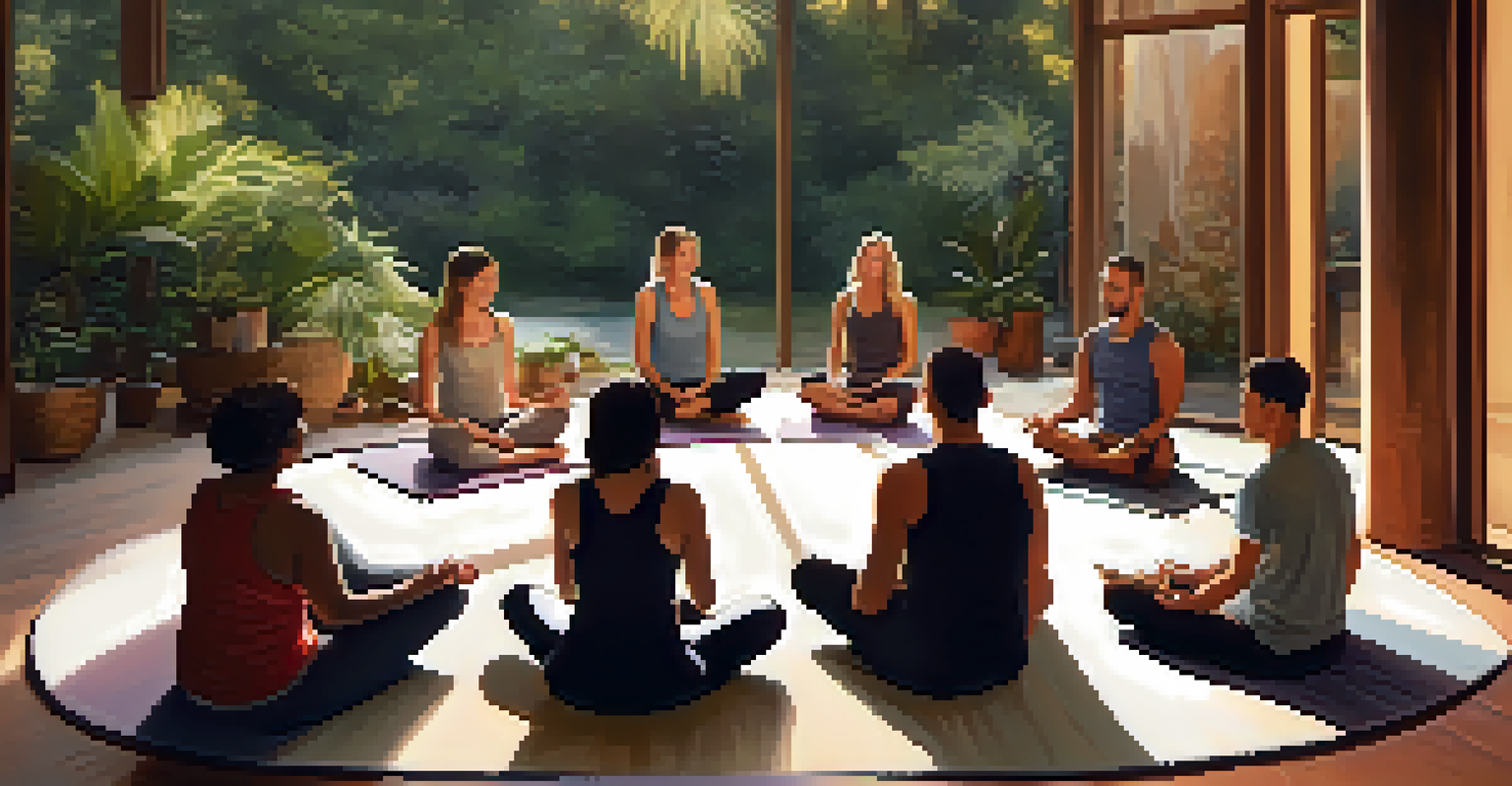 A cozy sharing circle at a yoga retreat with participants sitting on mats, engaging in thoughtful conversation in a warm, inviting environment.