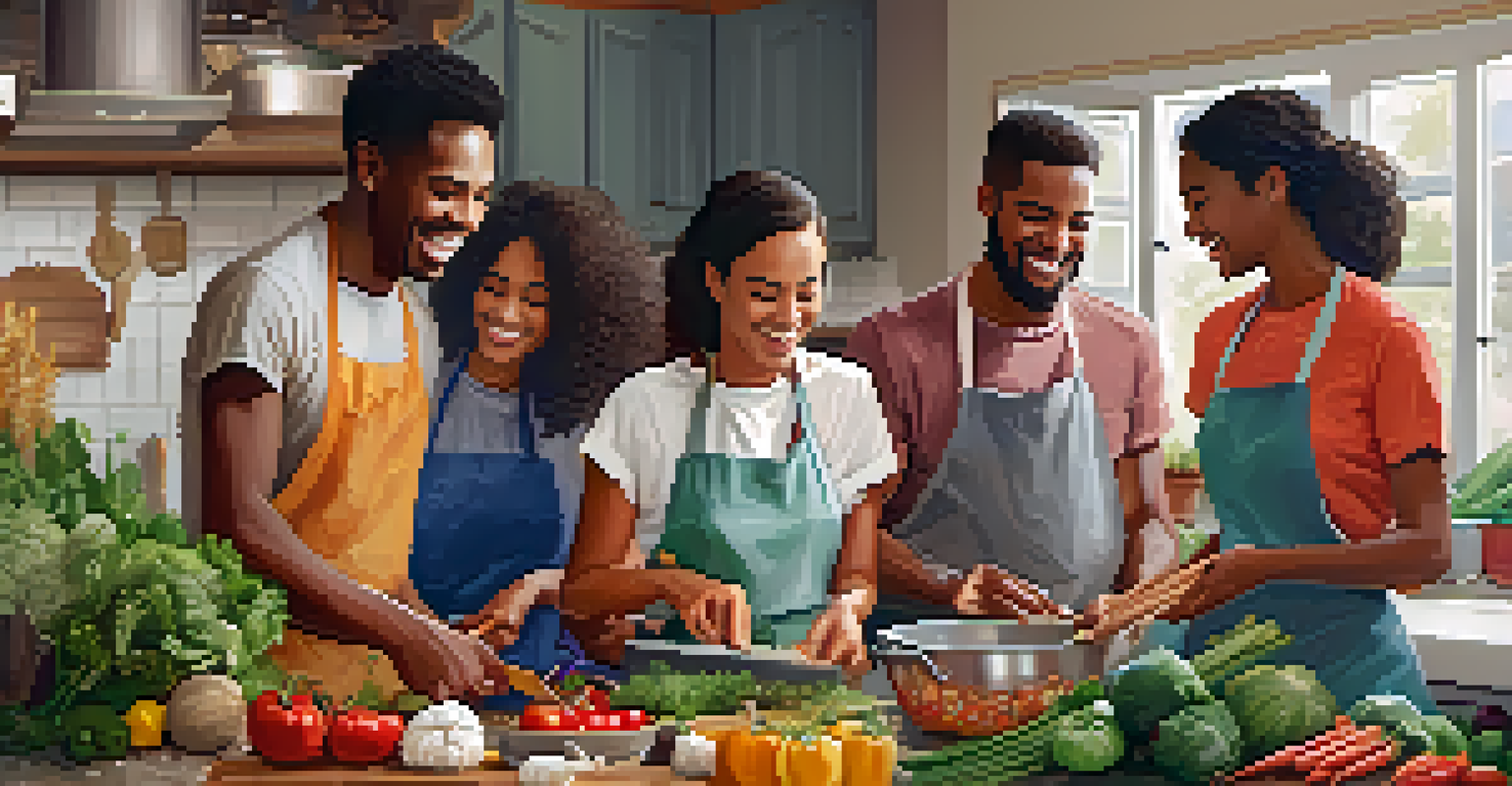 Friends joyfully cooking together in a warm kitchen, sharing ingredients and laughter.