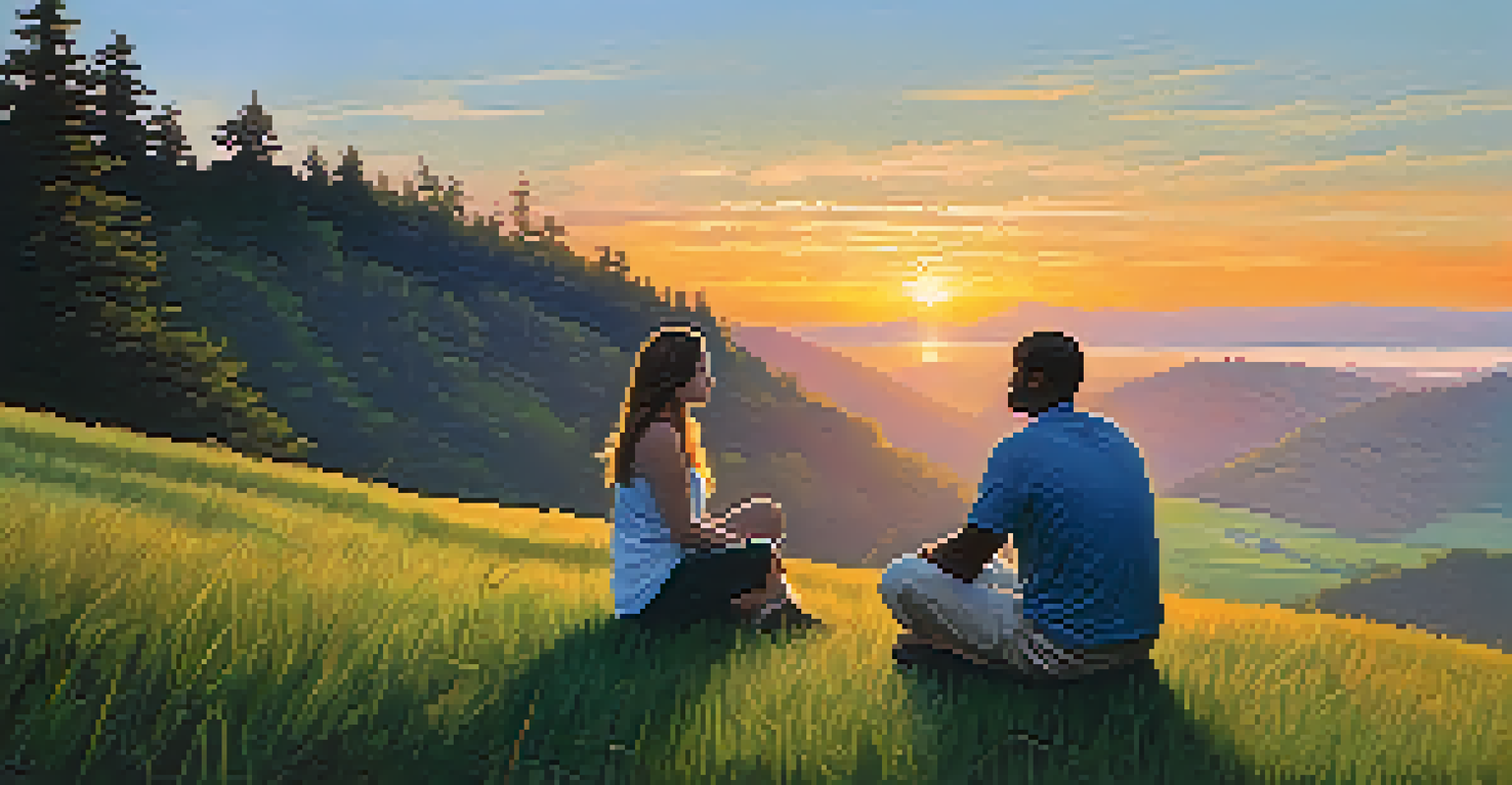 Two individuals sitting on a grassy hill at sunset, engaged in a meaningful conversation, with a serene landscape around them.