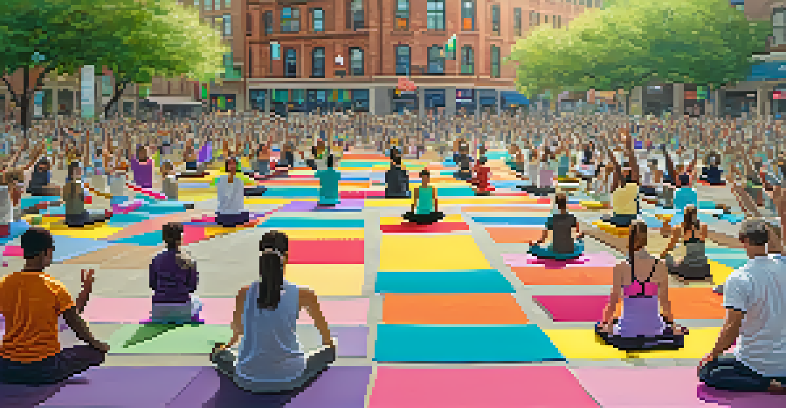 A lively community yoga event in a public square with activists practicing together and colorful banners in the background.