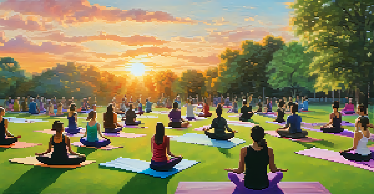 Participants in a yoga class performing poses in a park at sunset, creating a lively atmosphere.
